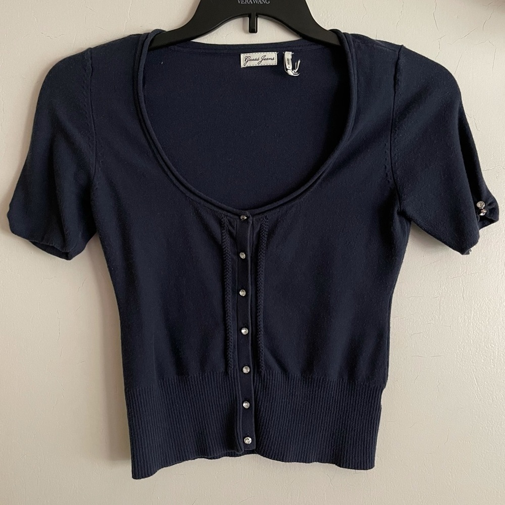 Guess Navy Rhinestone Button Cardigan - Picture 4 of 13
